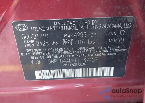 2011 Hyundai Sonata Gls из США, поврежденный, VIN 5NPEB4AC4BH187457